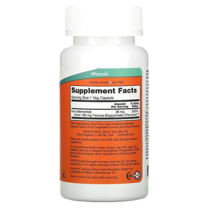 NOW Foods, Iron, Double Strength, 36 mg, 90 Veg Capsules - Med7 Online