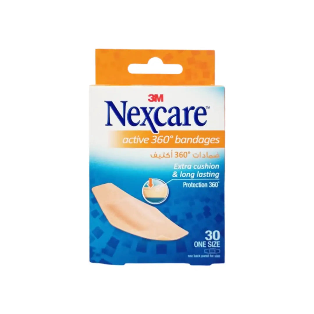 3M Nexcare Active 360 Bandages 30 pack waterproof adhesive bandages with 360-degree seal for active protection against water, dirt, and germs.