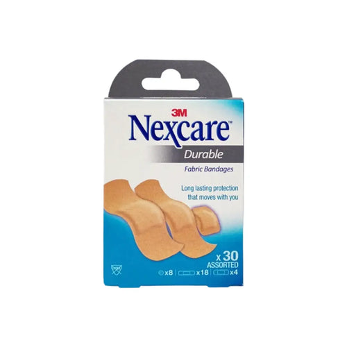 3M Nexcare Durable Fabric Bandages 30 pack flexible adhesive bandages for cuts and scrapes, providing strong hold and comfortable protection for everyday wound care.