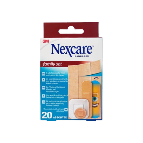 3M Nexcare Family Set Plaster 20 pack assorted adhesive bandages for cuts and scrapes, providing reliable everyday wound protection for the whole family.
