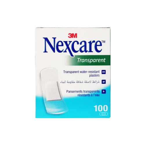 3M Nexcare Transparent Water Resistant Plasters 100 count box front view
