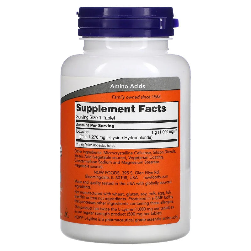 NOW Foods, Double Strength L-Lysine, 1,000 mg, 100 Tablets - Med7 Online