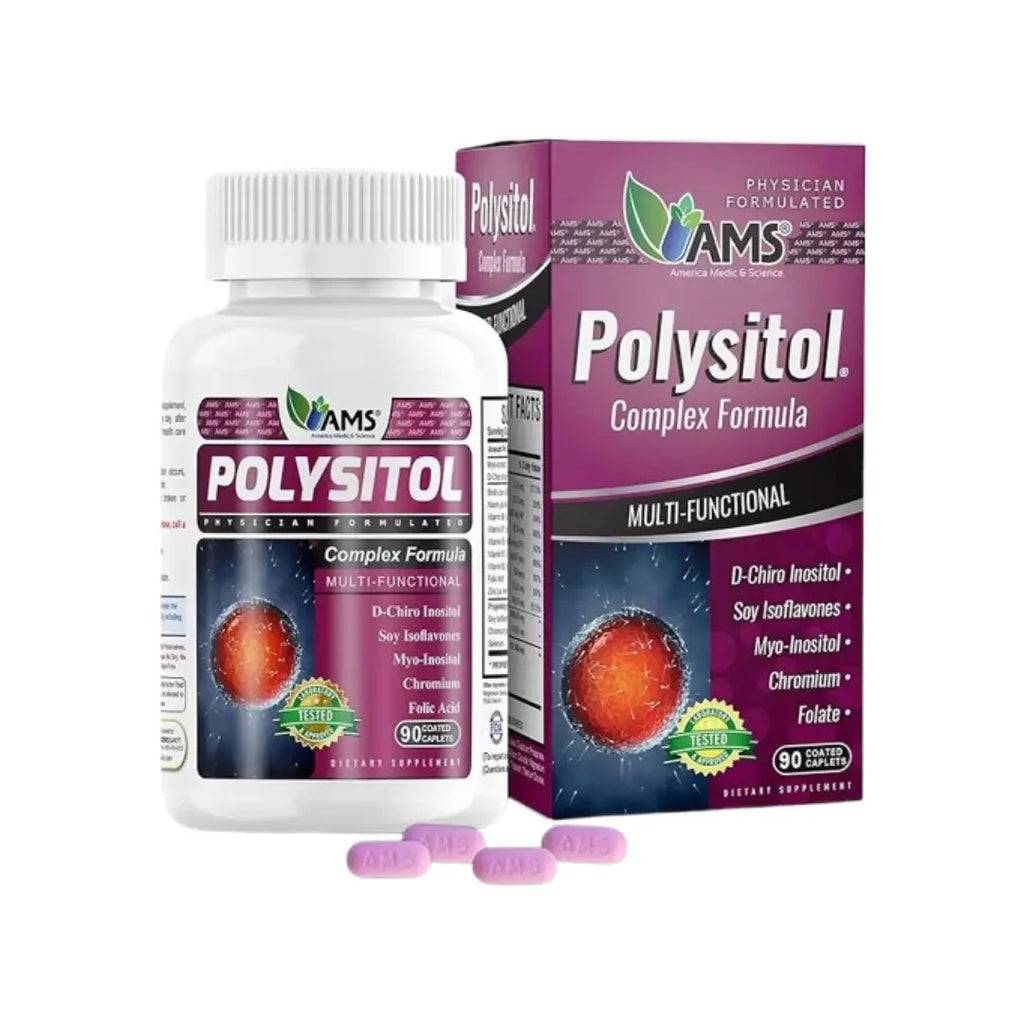 AMS Polysitol Complex Formula Caplets 90s bottle with inositol, vitamins, and minerals for daily wellness.