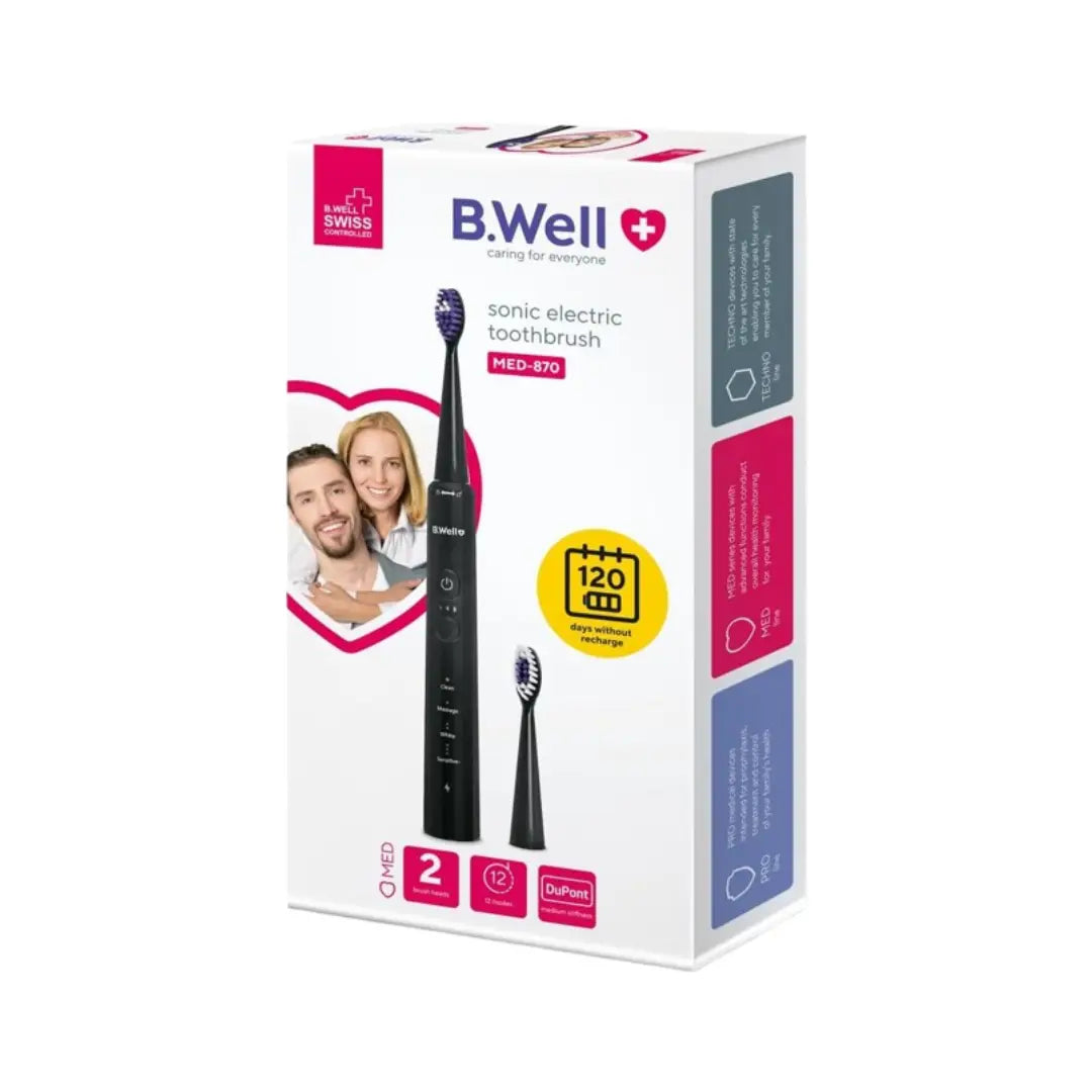 B.Well Sonic Electric Toothbrush MED-870 Black – Rechargeable Sonic Toothbrush with 4 Modes & 3 Intensity Levels