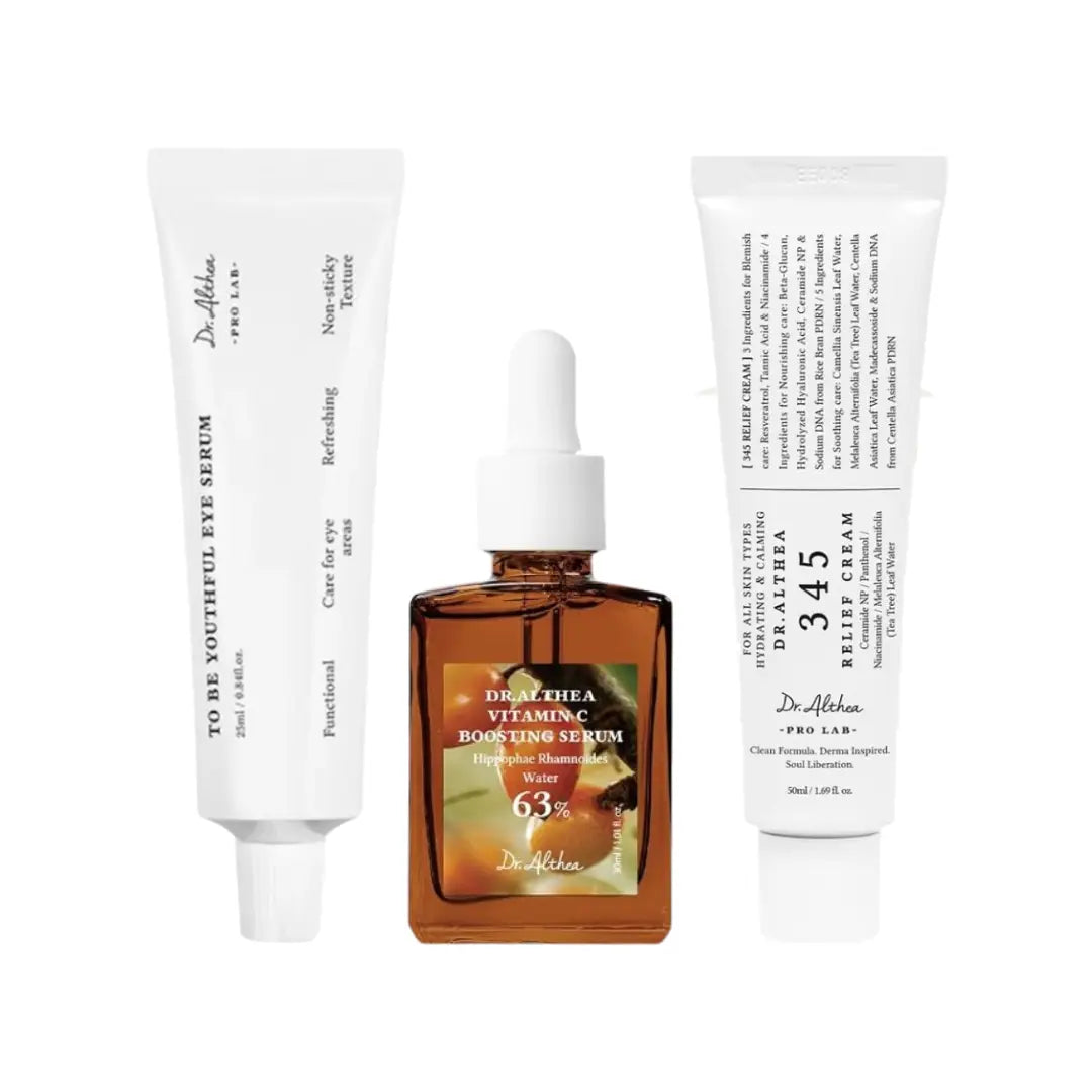Dr. Althea Skincare Set | 345 Relief Cream 50ml, Vitamin C Boosting Serum 30ml & Youthful Eye Serum 25ml