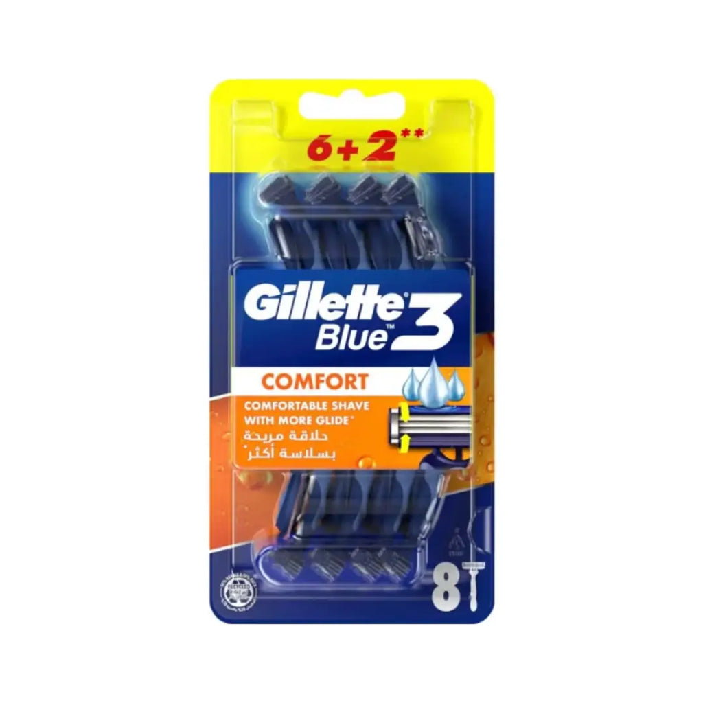 Gillette Blue 3 Comfort Disposable Razors 6+2 Offer Pack | Triple Blade Razors for Smooth Shaving