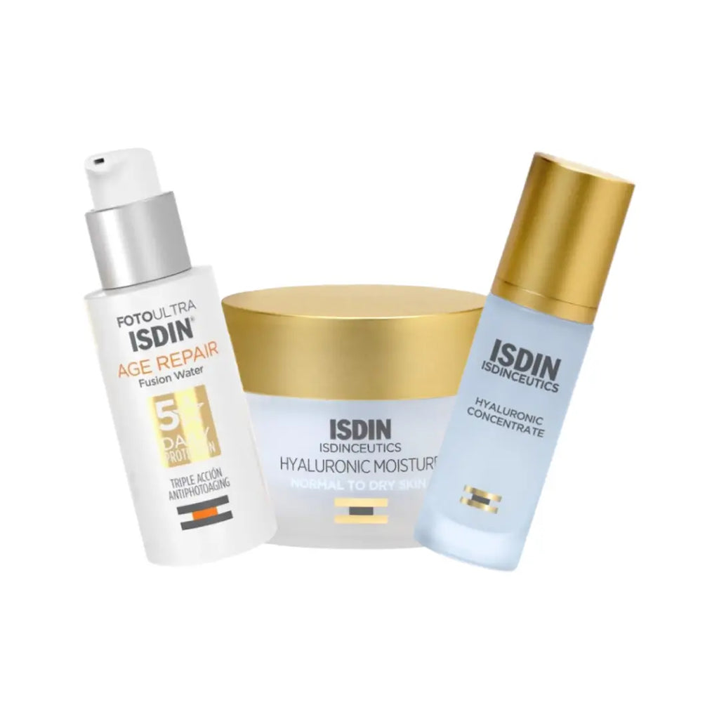 ISDIN Hyaluronic Skincare Set | Hyaluronic Moisture Cream, Concentrate Serum & SPF50 Age Repair Sunscreen