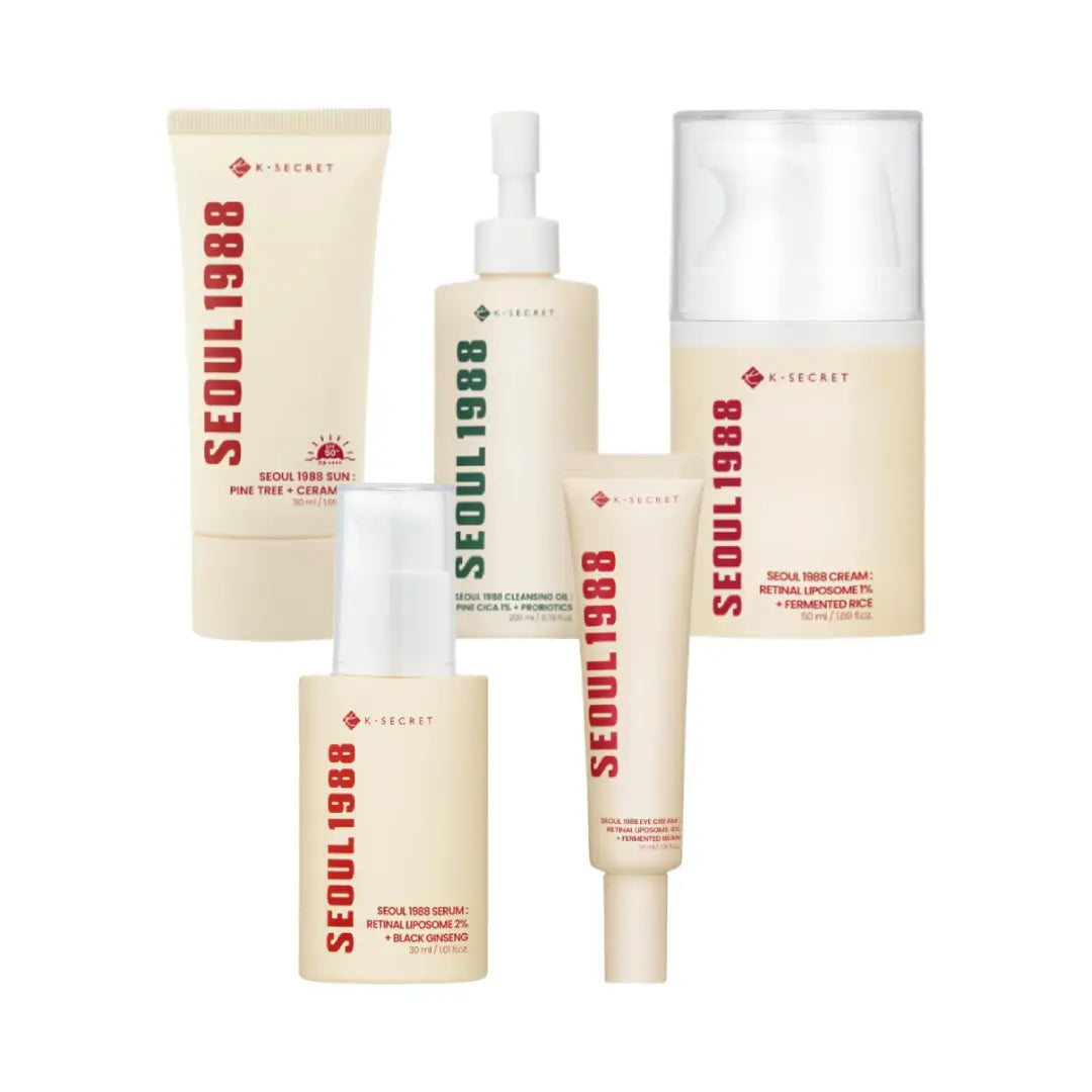 K-Secret Seoul 1988 Retinal Skincare Set | Cleansing Oil, Retinal Serum, Cream, Eye Cream & Sunscreen