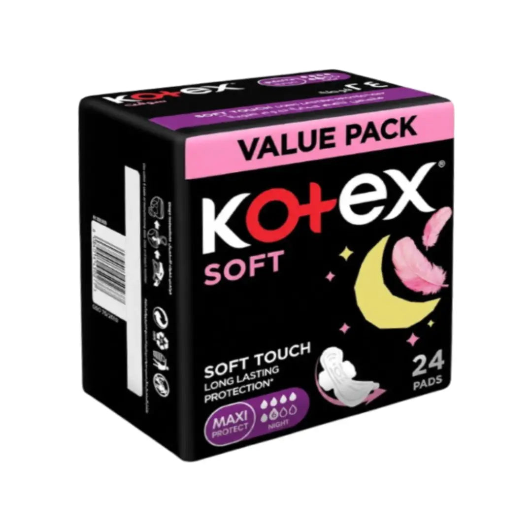 Kotex Soft Touch Maxi Protect Night Pads 24s – Overnight Sanitary Pads for Comfortable Heavy Flow Protection