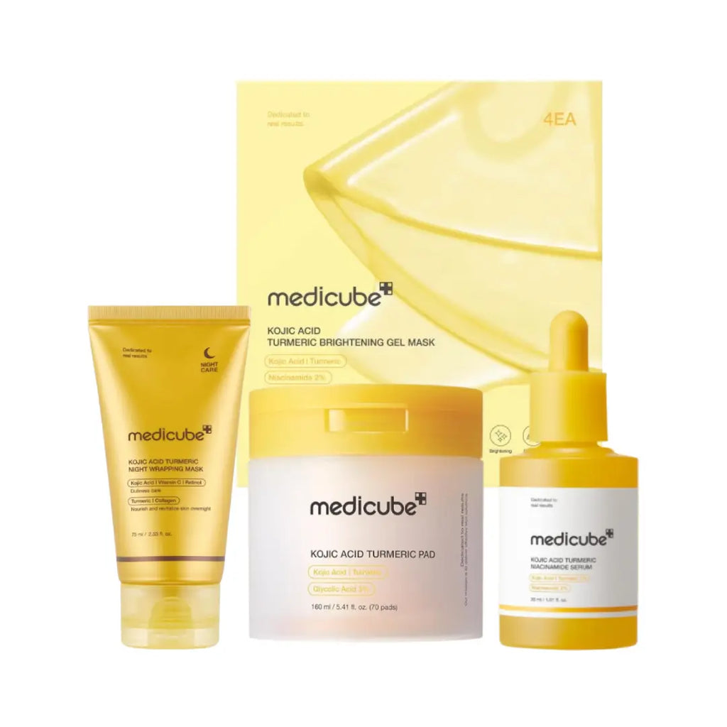 Medicube Kojic Acid Turmeric Skincare Set | Niacinamide Serum, Toner Pads, Night Mask & Whitening Gel Masks