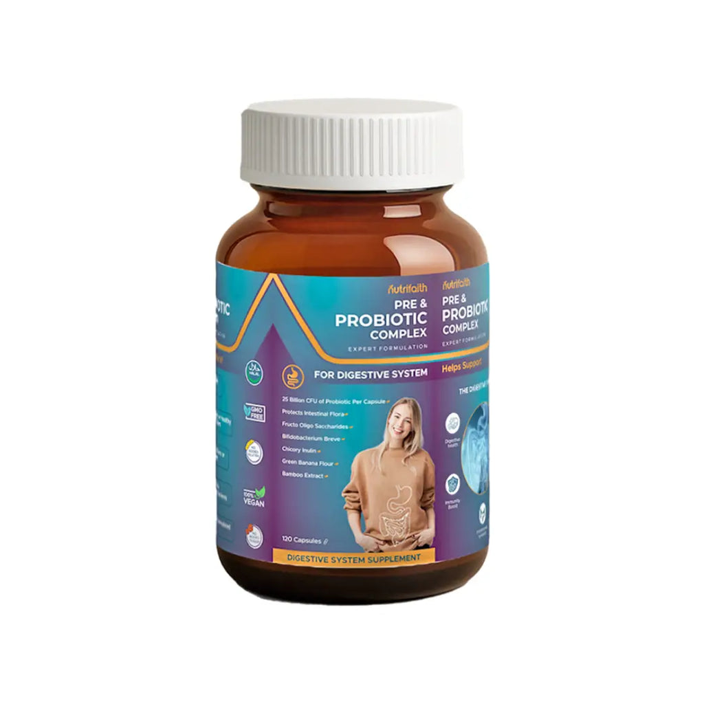 Nutrifaith Pre & Probiotic Complex Capsules 120s – digestive health supplement supporting gut balance and immunity