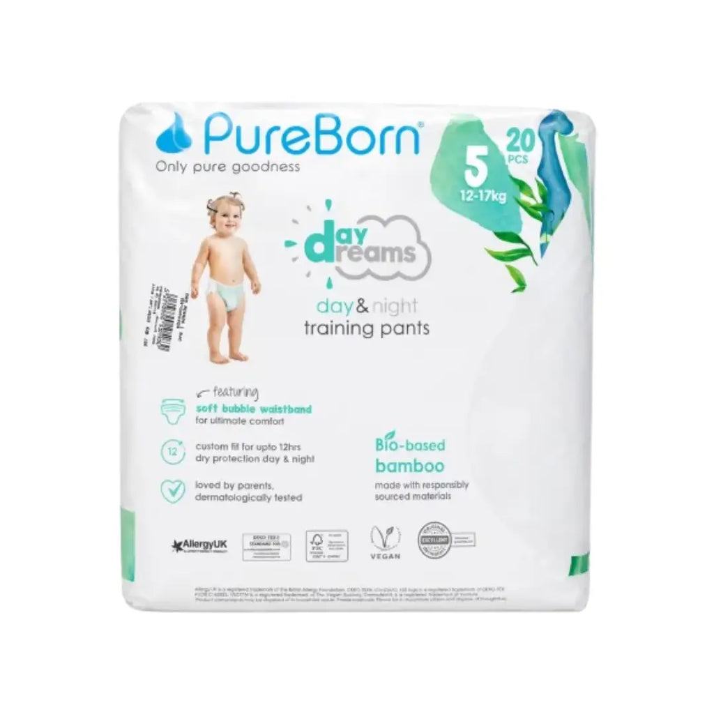 PureBorn Baby Pants Size 5 (12–17kg) 20s – Organic Bamboo Training Pants with 12-Hour Leak Protection