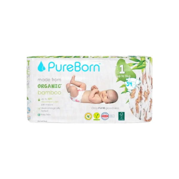 PureBorn Organic Bamboo Baby Diapers Size 1 34s