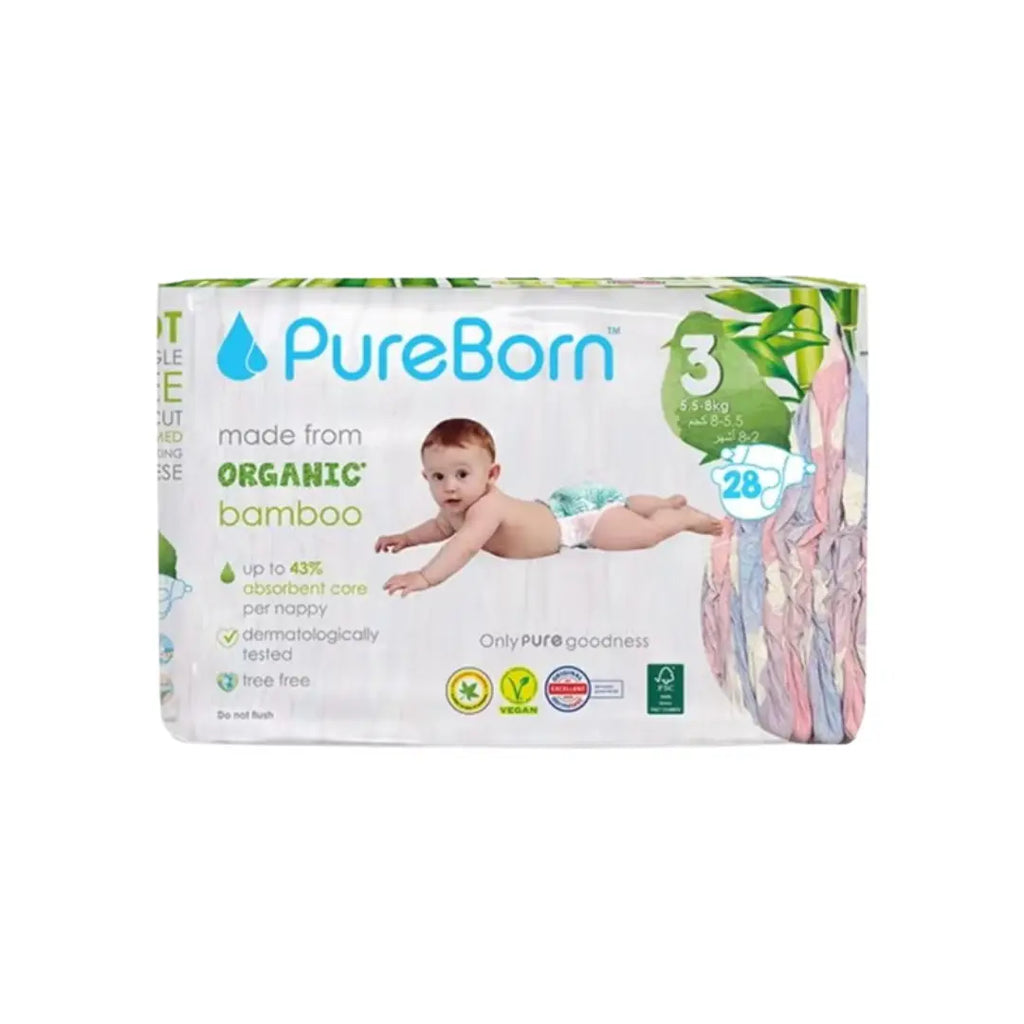 PureBorn Organic Bamboo Baby Diapers Size 3 (5.5-8) 28s – Ultra-Soft Hypoallergenic Eco-Friendly Diapers
