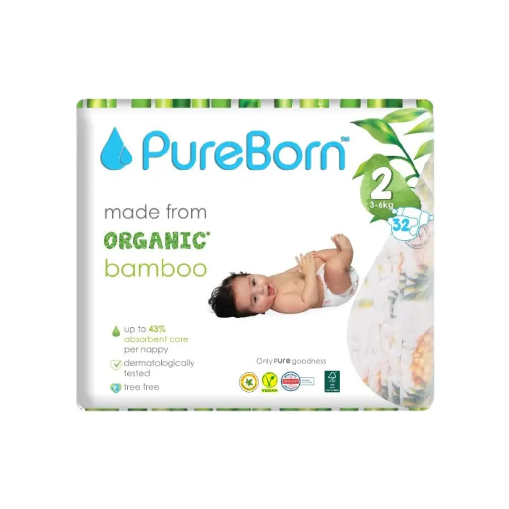 PureBorn Organic Bamboo Diapers Size 2 (3–6kg) 32s – Ultra-Soft Hypoallergenic Baby Diapers