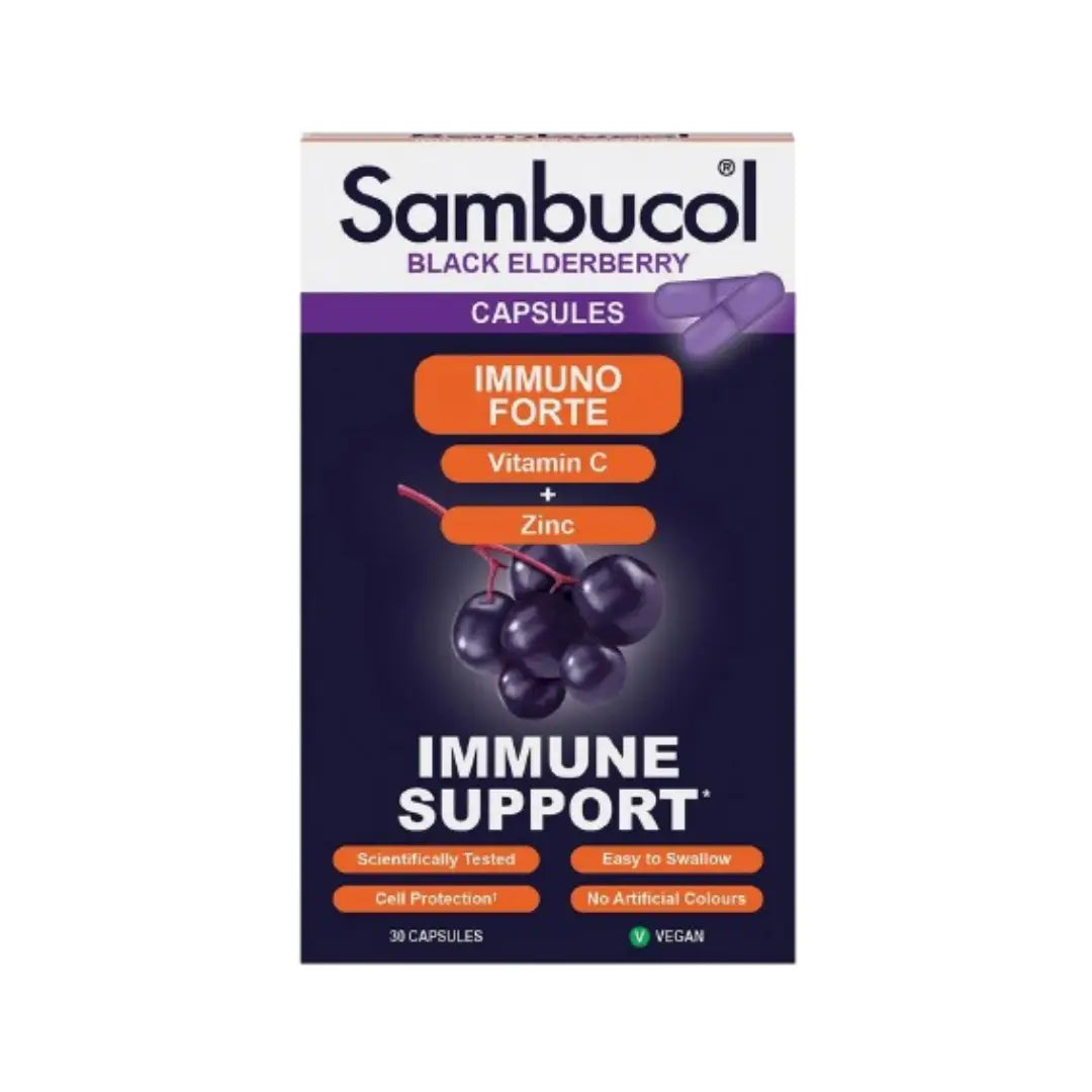 Sambucol Immuno Forte Vitamin C + Zinc Black Elderberry Capsules 30s – Daily Wellness Supplement