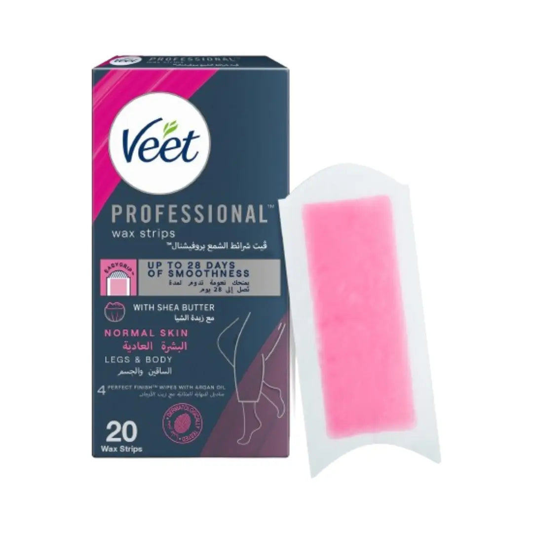 Veet Professional Wax Strips Legs & Body Normal Skin 20s + 4 Wipes | Easy Gel Hair Removal | Long-Lasting Smoothness