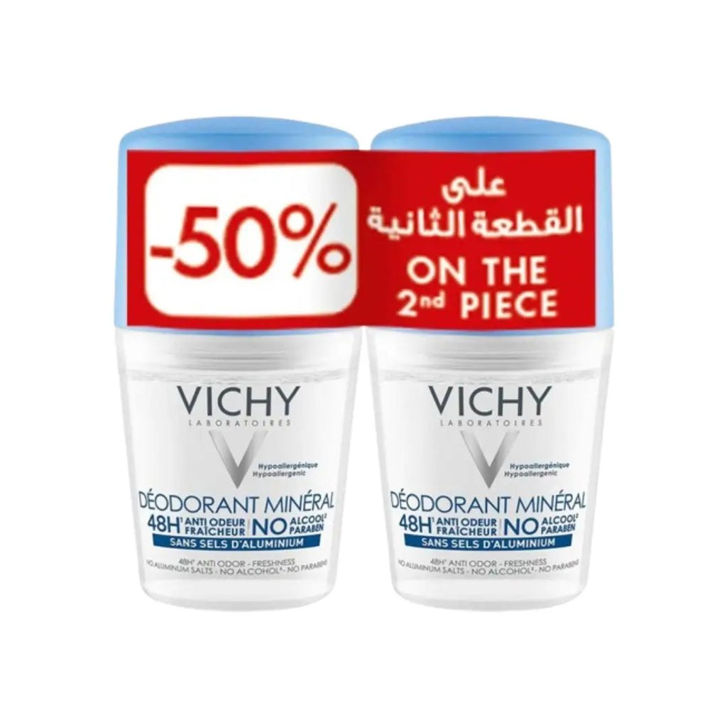 Vichy 48H Mineral Deodorant Roll-On 50ml | Aluminum Salt Free + 50% Off 2nd Piece