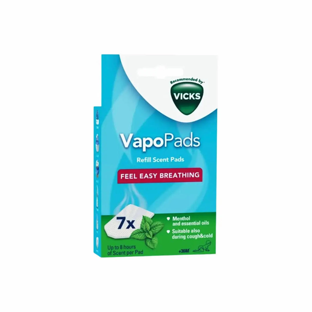Vicks VapoPads Menthol 7-pack refill pads for humidifiers and vaporizers, releasing soothing menthol vapors for a comfortable and refreshing indoor breathing environment.