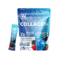 Wink White Collagen Blue HYA Plus 2X sachets pack of 15, collagen supplement with hyaluronic acid, product packaging displayed.