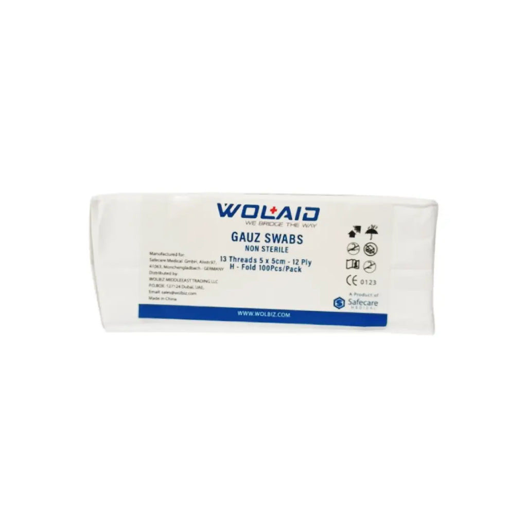 Wolaid non sterile gauze swab 5 by 5 cm pack of 100 used for cleaning and dressing minor wounds in medical and home care settings