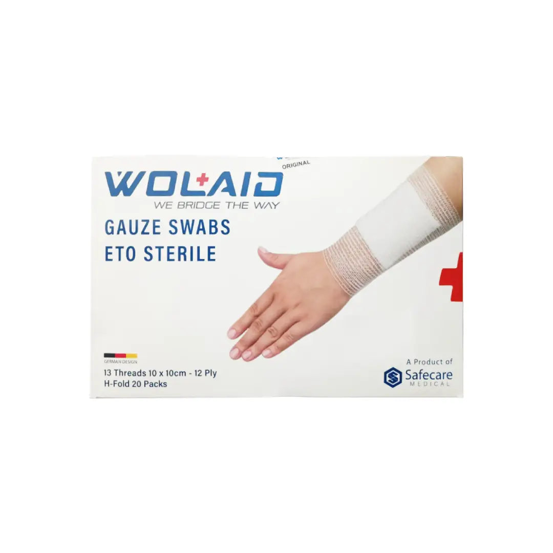 Wolaid sterile gauze swabs 10x10cm 12 ply pack front view