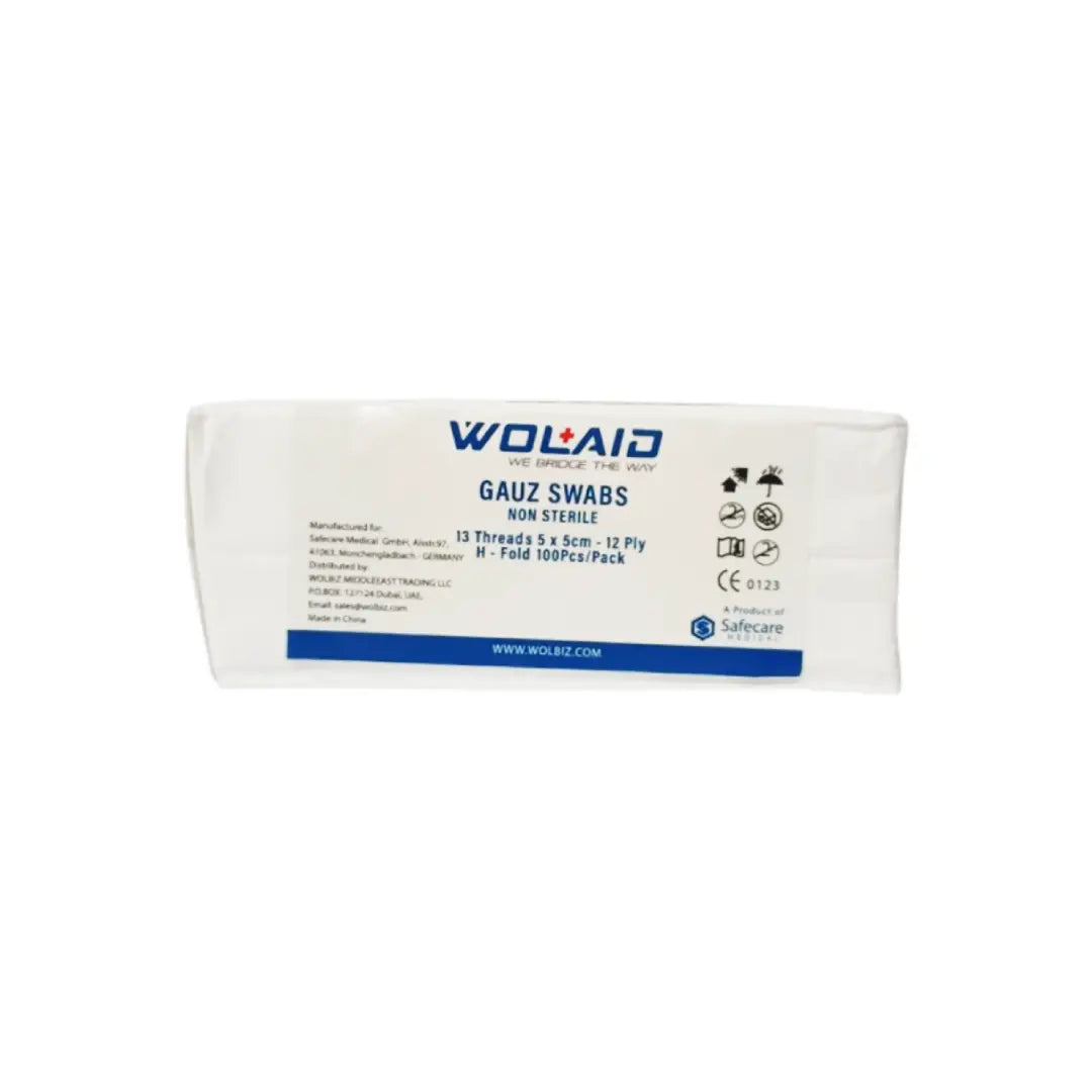Wolaid non sterile gauze swab 5 by 5 cm pack of 100 used for cleaning and dressing minor wounds in medical and home care settings