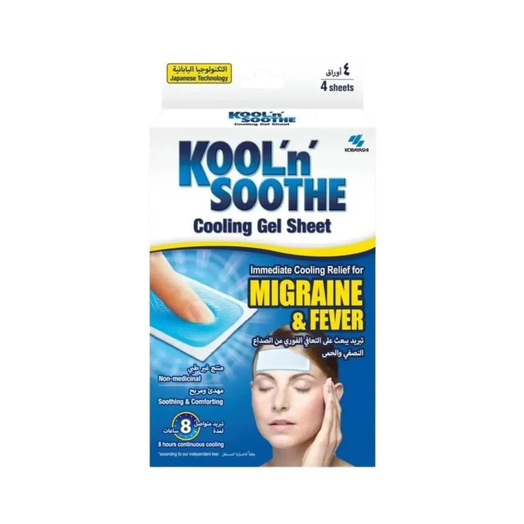 Kobayashi Kool N Soothe لصقة جل تبريد للصداع النصفي والحمى للبالغين 4 قطع